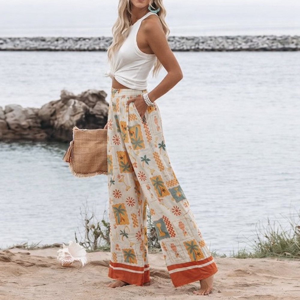 Wide Leg Linen Pants Tropical Pattern Summer Print Coral Yellow White Size Large